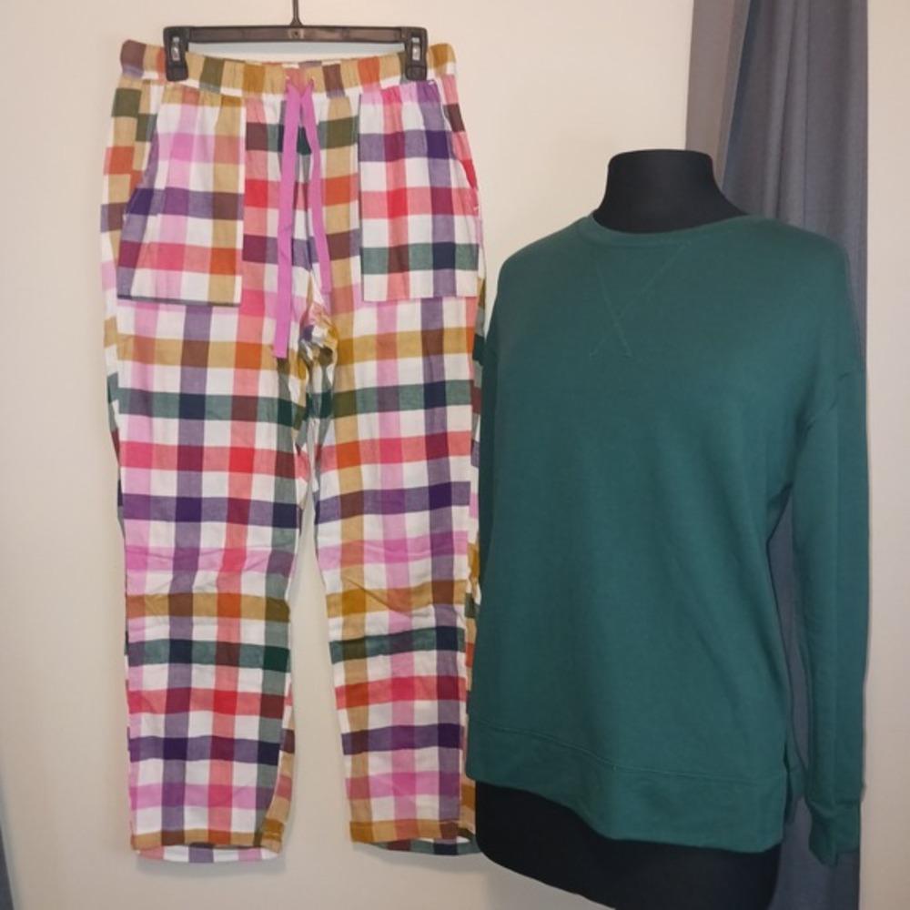 JoySpun Womens Cozy Warm Pajama Pjs Set Green Sweatshirt Plaid Pants‎ S